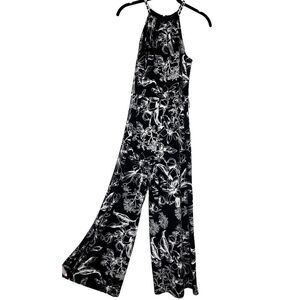 White House Black Market Floral Chain Halter Cropped Jumpsuit Black White Size 2